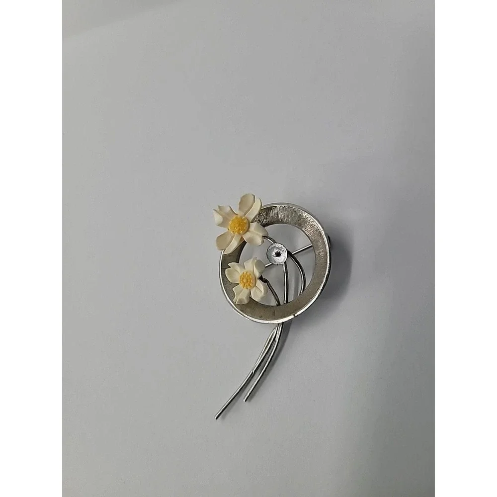 Vintage Beau Sterling Silver Daisy Floral Circle Brooch Pin Signed Jewelry FLAW